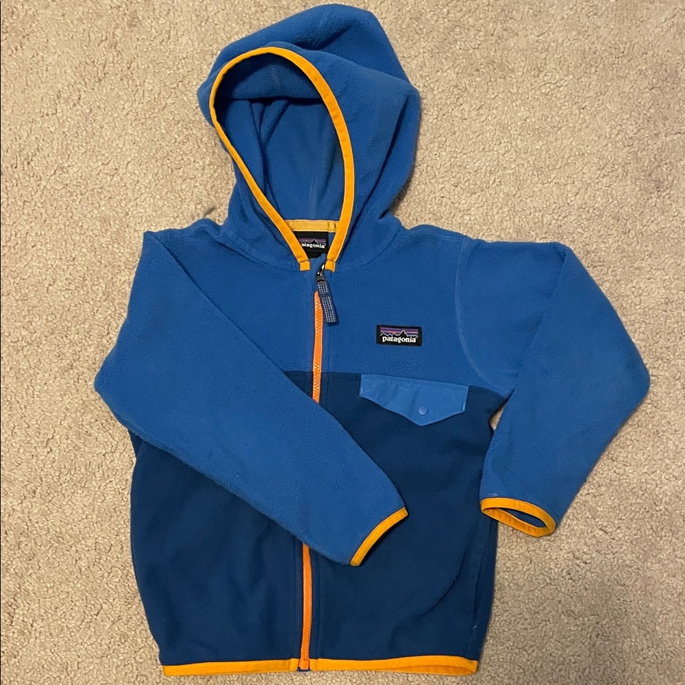 Patagonia Kids Two-Tone Blue Hoodie with Orange Trim